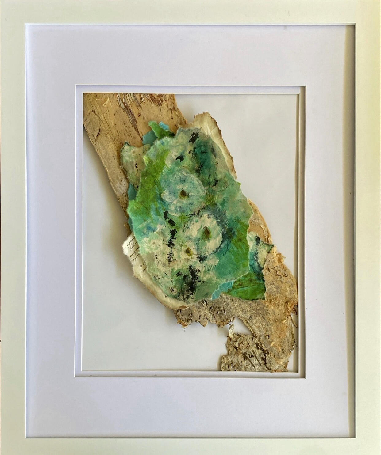 Treasure in the Fragments: Abstract painting copied onto rice paper with hidden parts of a devotional poem mounted on birch bark "Built organically without traditional adhesives, this pressure-mounted piece explores the beauty found in the hidden parts of Treasure in the Fragments: Abstract painting copied onto rice paper with hidden parts of a devotional poem mounted on birch bark "Built organically without traditional adhesives, this pressure-mounted piece explores the beauty found in the hidden parts of