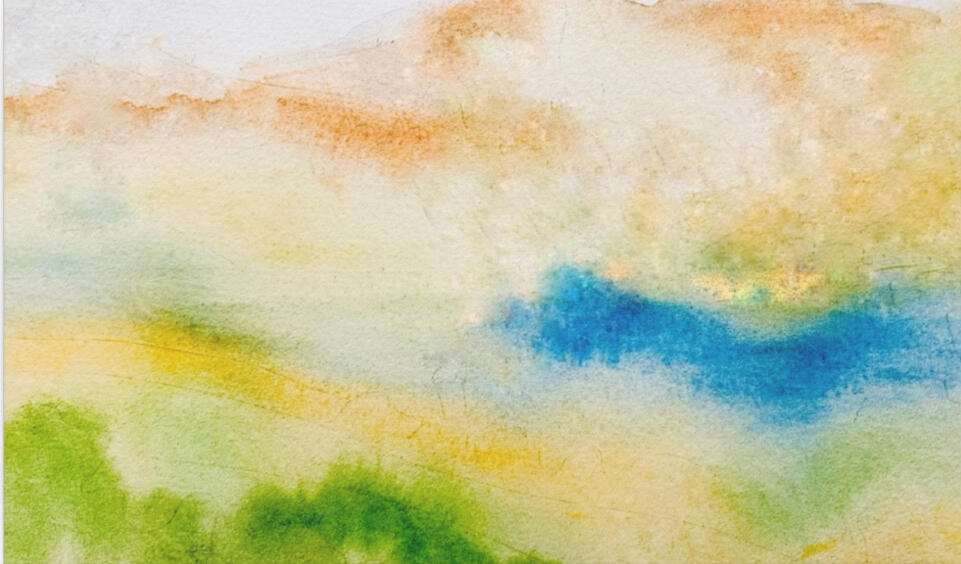 Horizon of Hope: Abstract Watercolor on Canvas (2020): "Emerged from a personal search for peace during a time of global uncertainty, this abstract landscape mirrors the quiet, hazy beauty of a mountain horizon. Using a fluid, wet on wet technique, the ear Horizon of Hope: Abstract Watercolor on Canvas (2020): "Emerged from a personal search for peace during a time of global uncertainty, this abstract landscape mirrors the quiet, hazy beauty of a mountain horizon. Using a fluid, wet on wet technique, the ear